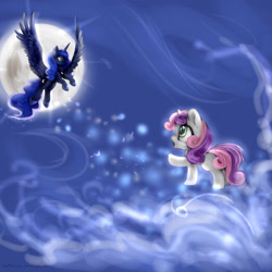 Size: 2449x2449 | Tagged: safe, artist:katemaximova, imported from derpibooru, princess luna, sweetie belle, alicorn, pony, unicorn, duo, duo female, female, filly, foal, horn, looking at each other, looking at someone, mare, moon, wings
