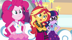 Size: 1920x1080 | Tagged: safe, imported from derpibooru, screencap, pinkie pie, sci-twi, sunset shimmer, twilight sparkle, human, equestria girls, equestria girls series, rollercoaster of friendship, 1080p, clothes, crossed arms, female, hand on hip, pinkie pie is not amused, skirt, sunset shimmer is not amused, trio, trio female, tutu, twilight sparkle is not amused, unamused