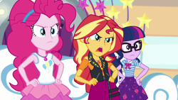 Size: 1920x1080 | Tagged: safe, imported from derpibooru, screencap, pinkie pie, sci-twi, sunset shimmer, twilight sparkle, human, equestria girls, equestria girls series, rollercoaster of friendship, 1080p, clothes, female, geode of empathy, geode of sugar bombs, geode of telekinesis, hand on hip, magical geodes, open mouth, pinkie pie is not amused, skirt, sunset shimmer is not amused, talking, trio, trio female, tutu, twilight sparkle is not amused, unamused