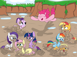 Size: 2000x1500 | Tagged: safe, artist:amateur-draw, imported from derpibooru, applejack, fluttershy, pinkie pie, rainbow dash, rarity, starlight glimmer, sunset shimmer, twilight sparkle, alicorn, earth pony, pegasus, pony, unicorn, equestria girls, covered in mud, diving, female, jumping, lying down, mane six, mare, messy mane, missing cutie mark, mud, mud bath, mud mask, mud play, mud pony, mud wrestling, muddy, muddy hooves, playing, sitting, twilight sparkle (alicorn), wet and messy