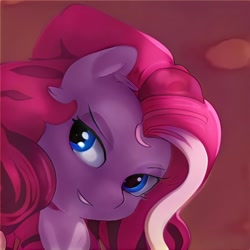 Size: 1024x1024 | Tagged: safe, imported from derpibooru, pony, abstract background, ai content, ai generated, blue eyes, eye reflection, generator:thisponydoesnotexist, looking sideways, not pinkie pie, pink mane, reflection, shadow, smiling, solo