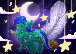 Size: 1920x1358 | Tagged: safe, artist:julunis14, imported from derpibooru, oc, oc only, pegasus, pony, feather, moon, sky, solo, stars