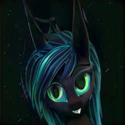 Size: 1024x1024 | Tagged: safe, imported from derpibooru, changeling, abstract background, ai content, ai generated, dark background, generator:thisponydoesnotexist, green eyes, not chrysalis, smiling, solo, teeth