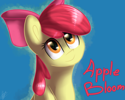 Size: 1500x1200 | Tagged: safe, artist:renka2802, imported from derpibooru, apple bloom, earth pony, pony, female, filly, foal, looking up, smiling, solo, text