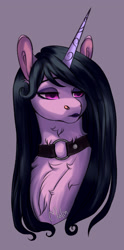 Size: 1280x2586 | Tagged: safe, artist:malinraf1615, imported from derpibooru, izzy moonbow, pony, unicorn, alternate hairstyle, chest fluff, choker, eyeshadow, female, g5, goth, goth izzy, lipstick, makeup, mare, purple background, simple background, solo