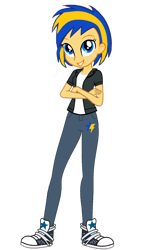 Size: 1280x2084 | Tagged: safe, artist:mlpfan3991, imported from derpibooru, oc, oc:flare spark, human, equestria girls, clothes, converse, crossed arms, cutie mark on clothes, denim, female, jacket, jeans, pants, shirt, shoes, simple background, sneakers, solo, tomboy, transparent background, vector