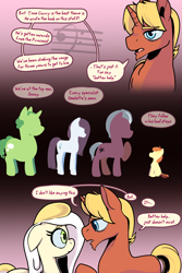 Size: 3000x4500 | Tagged: safe, artist:storyteller, imported from derpibooru, oc, oc:hard boiled, oc:omelette, oc:sunny side, earth pony, unicorn, comic:eavesdrop, colt, comic, dialogue, female, floppy ears, foal, male, mare, sad, silhouette, sitting, speech bubble, stallion, worried