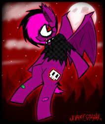 Size: 1262x1480 | Tagged: safe, artist:xxv4mp_g4z3rxx, imported from derpibooru, oc, oc only, oc:violet valium, bat pony, pony, bandage, bat pony oc, clothes, cloud, ear tufts, emo, female, flying, hoodie, moon, red eyes, solo, stars, torn clothes, tree, two toned mane