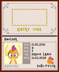 Size: 730x900 | Tagged: safe, artist:phucknuckl, artist:ponygamer2020, imported from derpibooru, smolder, dragon, the point of no return, arstotzka, cute, dragoness, female, glory to arstotzka, papers please, passport, photo, smiling, solo, solo focus, vector