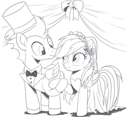 Size: 1230x1136 | Tagged: safe, artist:nauyaco, imported from derpibooru, rainbow dash, soarin', pegasus, pony, clothes, cute, dashabetes, dress, female, floral head wreath, flower, hat, male, marriage, monochrome, shipping, soarindash, straight, top hat, tuxedo, wedding, wedding dress