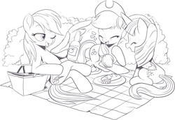 Size: 1558x1074 | Tagged: safe, artist:nauyaco, imported from derpibooru, applejack, rainbow dash, twilight sparkle, alicorn, earth pony, pegasus, pony, anatomically incorrect, basket, bottle, cider, incorrect leg anatomy, monochrome, picnic basket, picnic blanket, twilight sparkle (alicorn)