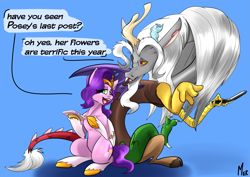 Size: 4961x3508 | Tagged: safe, artist:mekblue, imported from derpibooru, discord, pipp petals, draconequus, pegasus, pony, spoiler:comic, spoiler:g5, spoiler:g5comic, blue background, cellphone, chatting, dialogue, duo, female, flip phone, g5, gossip, horns, implied posey bloom, male, mare, old man discord, phone, simple background, smartphone, speech bubble, wings