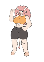 Size: 2500x3500 | Tagged: safe, artist:ezralight, imported from derpibooru, oc, oc only, oc:petra kastamonika, anthro, cow, unguligrade anthro, abs, big breasts, body freckles, breasts, clothes, compression shorts, cowified, female, freckles, huge breasts, midriff, muscles, muscular female, shoulder freckles, simple background, solo, species swap, white background