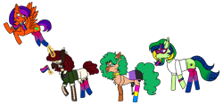 Size: 2786x1318 | Tagged: safe, artist:icicle-wicicle-1517, artist:rose-blade, color edit, edit, imported from derpibooru, oc, oc only, oc:figjam outback, oc:heartspring, oc:jade harmony, oc:maria potranca, earth pony, pegasus, pony, unicorn, amputee, badge, bandana, bisexual pride flag, brazil, cape, cheek fluff, chest fluff, clothes, collaboration, colored, ear piercing, earring, female, flying, glowing, glowing horn, horn, jewelry, levitation, magic, mare, markings, mask, mouth hold, multicolored hair, nonbinary, nonbinary pride flag, open mouth, pansexual, pansexual pride flag, piercing, pin, pride, pride flag, pride month, prosthetic leg, prosthetic limb, prosthetics, shirt, shorts, simple background, socks, striped socks, t-shirt, tanktop, telekinesis, transparent background, unshorn fetlocks, wall of tags