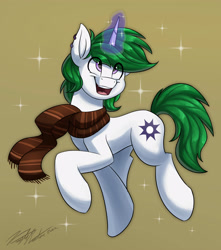 Size: 3100x3500 | Tagged: safe, artist:kaylerustone, imported from derpibooru, oc, oc only, oc:zenith night, pony, unicorn, clothes, looking up, open mouth, scarf, simple background, smiling, solo, striped scarf