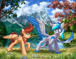 Size: 4096x3157 | Tagged: safe, artist:kaylerustone, imported from derpibooru, oc, oc only, oc:hawker hurricane, oc:kayle rustone, pegasus, pony, bandana, cloud, grass, lake, looking away, looking up, male, mountain, nature, open mouth, raised hoof, scenery, scenery porn, smiling, spread wings, stallion, teaching, tree, water, wings