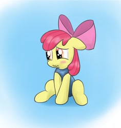 Size: 1134x1201 | Tagged: safe, artist:applebloomlove, imported from derpibooru, apple bloom, earth pony, pony, blushing, clothes, embarrassed, female, filly, foal, one-piece swimsuit, sitting, solo, swimsuit