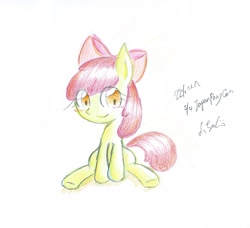 Size: 2048x1867 | Tagged: safe, artist:ya_ma_me_, imported from derpibooru, apple bloom, earth pony, pony, female, filly, foal, looking at you, simple background, sitting, solo, traditional art, white background