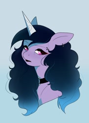 Size: 1442x1985 | Tagged: safe, artist:aztrial, imported from derpibooru, izzy moonbow, pony, unicorn, alternate hair color, alternate hairstyle, black lipstick, black mane, choker, eyeliner, eyeshadow, female, g5, goth, goth izzy, lidded eyes, lipstick, makeup, solo