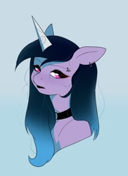 Size: 1442x1985 | Tagged: safe, artist:aztrial, imported from ponybooru, izzy moonbow, pony, unicorn, alternate hair color, alternate hairstyle, black lipstick, black mane, choker, eyeliner, eyeshadow, female, g5, goth, goth izzy, lidded eyes, lipstick, makeup, solo