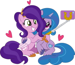 Size: 3149x2739 | Tagged: safe, artist:thatusualguy06, imported from derpibooru, izzy moonbow, pipp petals, pegasus, pony, unicorn, .svg available, female, g5, heart, high res, mare, phone, selfie stick, simple background, smiling, svg, transparent background, vector