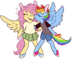 Size: 1024x839 | Tagged: safe, artist:comickit, edit, editor:edits of hate, imported from twibooru, fluttershy, rainbow dash, pegasus, pony, alternate hairstyle, bipedal, clothes, colored hooves, converse, duo, duo female, eyes closed, female, flutterdash, image, kissing, lesbian, mare, nuzzling, png, shipping, shirt, shoes, short hair, shorts, simple background, skirt, spread wings, t-shirt, transparent background, wings