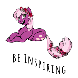 Size: 1280x1280 | Tagged: safe, artist:overlordneon, edit, editor:edits of hate, imported from twibooru, part of a set, cheerilee, earth pony, pony, female, flower, flower in hair, image, lying down, mare, open mouth, open smile, png, positive ponies, simple background, smiling, solo, text, transparent background, white outline
