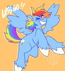 Size: 500x548 | Tagged: safe, artist:makanioverlord, edit, editor:edits of hate, imported from twibooru, rainbow dash, pegasus, pony, alternate cutie mark, colored hooves, female, flying, image, mare, orange background, png, simple background, smiling, solo, text, unshorn fetlocks