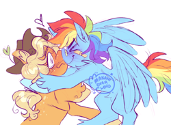 Size: 500x365 | Tagged: safe, artist:makanioverlord, imported from twibooru, applejack, rainbow dash, earth pony, pegasus, pony, alternate hairstyle, appledash, applejack's hat, bandaid, blushing, boop, colored hooves, cowboy hat, ear fluff, female, freckles, hat, heart, hoof fluff, image, lesbian, mare, noseboop, png, shipping, simple background, unshorn fetlocks, white background