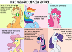 Size: 4096x2975 | Tagged: safe, artist:fizzlefetlocks, edit, imported from ponybooru, applejack, fluttershy, pinkie pie, rainbow dash, rarity, twilight sparkle, earth pony, pegasus, pony, unicorn, dialogue, female, food, implied pizza, mane six, mare, meme, no pupils, pineapple, pizza