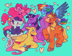 Size: 1280x1000 | Tagged: safe, artist:cottaboo, imported from twibooru, applejack, fluttershy, pinkie pie, rainbow dash, rarity, twilight sparkle, alicorn, earth pony, pegasus, pony, unicorn, alternate cutie mark, alternate design, alternate hairstyle, applejack's hat, coat markings, colored hooves, cowboy hat, curved horn, ear piercing, eyes closed, facial markings, female, group, hat, heart, horn, image, leonine tail, lying down, mane six, mare, one eye closed, piercing, png, sitting, smiling, standing, two toned wings, unshorn fetlocks, wings