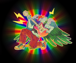Size: 1200x1000 | Tagged: safe, artist:cottaboo, imported from twibooru, rainbow dash, anthro, pegasus, pony, alternate design, clothes, female, guitar, image, lightning, musical instrument, nail polish, painted nails, pants, png, rainbow background, shoes, sneakers, solo, two toned wings, wings