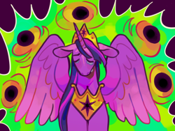 Size: 1200x900 | Tagged: safe, artist:cottaboo, imported from twibooru, twilight sparkle, alicorn, pony, crown, crying, eye, eyes, female, future twilight, green background, image, jewelry, mare, png, regalia, simple background, solo, twilight sparkle (alicorn), wings