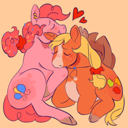 Size: 1000x1000 | Tagged: safe, artist:cottaboo, imported from twibooru, applejack, pinkie pie, earth pony, pony, alternate cutie mark, alternate design, applejack's hat, applepie, cloven hooves, coat markings, colored hooves, couple, cowboy hat, cuddling, ear piercing, eyes closed, facial markings, female, food, freckles, hat, heart, image, lesbian, mare, piercing, png, ponytail, shipping, sitting, smiling, sprinkles