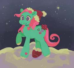 Size: 996x922 | Tagged: safe, artist:cottaboo, imported from twibooru, minty, earth pony, pony, braid, christmas, clothes, colored hooves, female, hat, heart mark, holiday, image, mare, merry christmas, night, night sky, png, raised hoof, sky, snow, solo, standing, stars