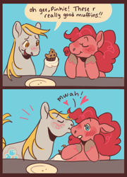 Size: 1175x1628 | Tagged: safe, artist:cottaboo, imported from twibooru, derpy hooves, pinkie pie, earth pony, pegasus, pony, blue background, blushing, colored hooves, comic, eating, eyes closed, female, food, heart, image, kissing, lesbian, mare, missing wing, muffin, plate, png, shipping, simple background, speech bubble, text