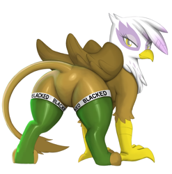 Size: 1980x2006 | Tagged: safe, artist:diacordst, edit, imported from twibooru, gilda, griffon, beak, bedroom eyes, blacked, clothes, digital art, female, gildonk, image, looking at you, looking back, looking back at you, png, rear view, simple background, socks, solo, solo female, stockings, tail, thigh highs, white background, wings