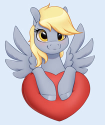 Size: 1280x1526 | Tagged: safe, artist:aquaticvibes, imported from derpibooru, derpy hooves, pegasus, pony, cute, derpabetes, female, heart, looking at you, mare, simple background, solo, spread wings, wingding eyes, wings