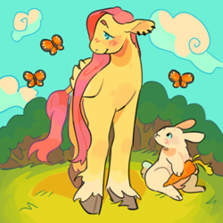 Size: 900x900 | Tagged: safe, artist:cottaboo, imported from twibooru, angel bunny, fluttershy, butterfly, insect, pegasus, pony, rabbit, alternate design, animal, carrot, closed wing, cloud, colored hooves, ear piercing, food, forest, forest background, grass, image, piercing, png, sky, solo, standing, tree, unshorn fetlocks