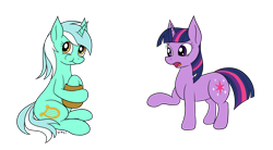 Size: 3996x2201 | Tagged: safe, artist:wapamario63, imported from twibooru, lyra heartstrings, twilight sparkle, pony, unicorn, /mlp/ con, /mlp/ con 2022, crumbs, eating, female, food, image, lil shid, mare, oats, open mouth, png, requested art, simple background, transparent background