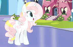 Size: 1280x825 | Tagged: safe, artist:sugarcubecreationz, imported from derpibooru, oc, oc only, oc:sweetheart, crystal pony, pony, unicorn, background used, butt, complex background, crystal empire, crystallized, horn, plot, show accurate, solo, unicorn oc