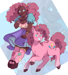 Size: 1080x1200 | Tagged: safe, artist:koobiie, imported from twibooru, pinkie pie, human, pony, accessories, blackwashing, bracelet, breasts, cleavage, clothes, cloven hooves, colored hooves, curly hair, dark skin, dress, ear piercing, earring, female, food, humanized, image, jewelry, nail polish, piercing, png, ponytail, self ponidox, shoes, smiling, socks, solo, sprinkles