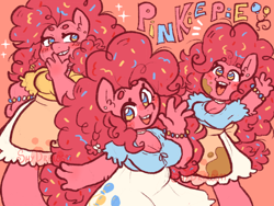 Size: 1280x960 | Tagged: safe, artist:shy-the-trash-lion, imported from twibooru, pinkie pie, anthro, pony, big hair, bracelet, breasts, busty pinkie pie, choker, cleavage, clothes, cutie mark, cutie mark on clothes, ear piercing, female, food, image, jewelry, looking at you, open smile, piercing, pink background, png, self paradox, simple background, skirt, smiling at you, solo, sprinkles, waving at you
