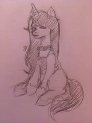 Size: 1536x2048 | Tagged: safe, imported from derpibooru, izzy moonbow, pony, unicorn, spoiler:g5, alternate hairstyle, black mane, choker, eyeliner, female, g5, goth, makeup, mare, my little pony: a new generation, sketch, solo