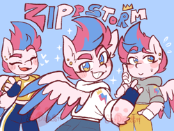 Size: 1280x960 | Tagged: safe, artist:shy-the-trash-lion, imported from twibooru, zipp storm, anthro, pegasus, pony, alternate design, blue background, clothes, colored wings, cutie mark, cutie mark on clothes, ear piercing, eyes closed, female, fingerless gloves, g5, gloves, grin, hoodie, image, looking at you, looking back, looking back at you, multicolored wings, open mouth, pants, piercing, png, self paradox, shirt, simple background, smiling, solo, t-shirt, wings