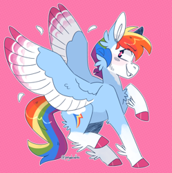 Size: 439x440 | Tagged: safe, artist:ponydoodles, edit, editor:edits of hate, imported from twibooru, rainbow dash, pegasus, pony, alternate design, bald face, coat markings, colored hooves, colored wings, feathered fetlocks, female, grin, image, looking back, mare, multicolored wings, pink background, png, short mane, simple background, smiling, socks (coat markings), solo, spread wings, wings