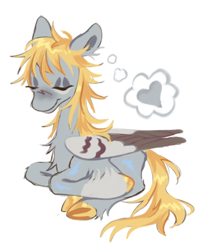 Size: 500x610 | Tagged: safe, artist:ponydoodles, artist:webkinzworldz, edit, editor:edits of hate, imported from twibooru, derpy hooves, pegasus, pony, alternate design, chest fluff, closed wing, colored hooves, colored wings, eyes closed, female, heart, hoof fluff, image, lying down, messy mane, png, simple background, smiling, socks (coat marking), solo, thought bubble, underhoof, white background, wings