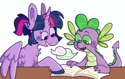 Size: 500x317 | Tagged: safe, artist:ponydoodles, imported from twibooru, spike, twilight sparkle, alicorn, dragon, pony, book, duo, image, png, ponytail, simple background, speech bubble, talking, white background, wingless spike