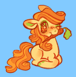 Size: 500x508 | Tagged: safe, artist:ponydoodles, imported from twibooru, carrot top, golden harvest, earth pony, pony, alternate hairstyle, blue background, carrot, colored hooves, female, food, image, lying down, mare, one eye closed, png, simple background, solo