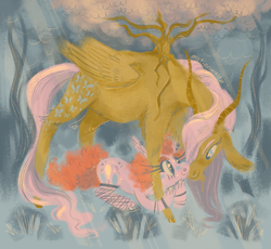 Size: 950x875 | Tagged: safe, artist:motionwaltz, artist:ponydoodles, imported from twibooru, fluttershy, pinkie pie, earth pony, pegasus, pony, alternate cutie mark, closed wing, ear piercing, earring, female, fishnets, forest, forest background, hair over one eye, horns, image, jewelry, lesbian, looking at each other, lying down, mare, piercing, png, race swap, shipping, standing, tree